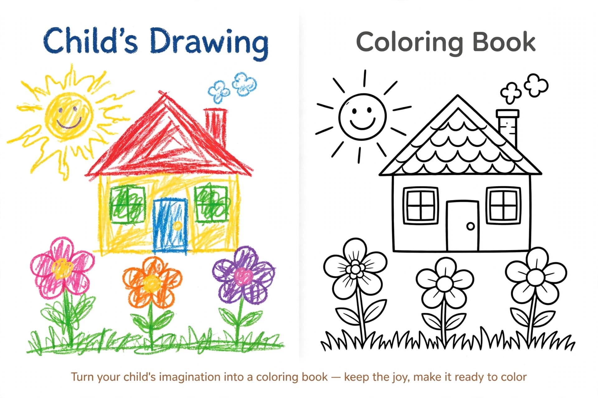 A child's colorful crayon drawing of a house and sun next to the same drawing transformed into a clean black-and-white coloring book page